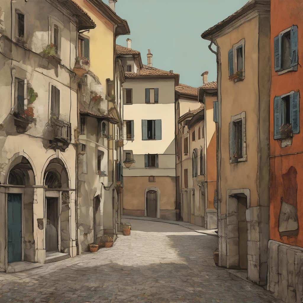 Ρετρό κατοικίες στην παλιά πόλη με καμπυλωτούς δρόμους και ανθισμένα παράθυρα, εκφράζοντας τέχνη και περιβάλλον.