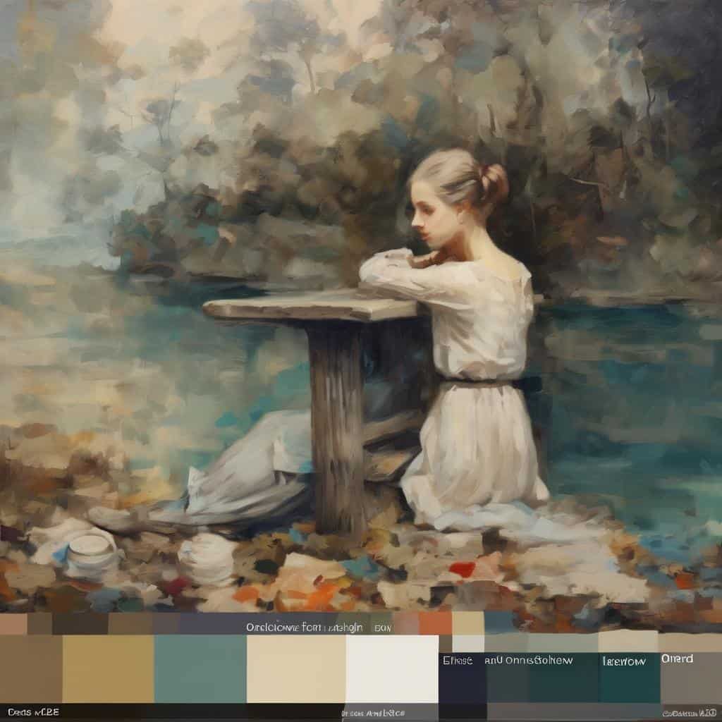 Ανθρώπινη figure σε καμβά, αγκαλιάζει το πινέλο, με περιβάλλον φυσικής ομορφιάς, τέχνη και περιβάλλον σε αρμονία.