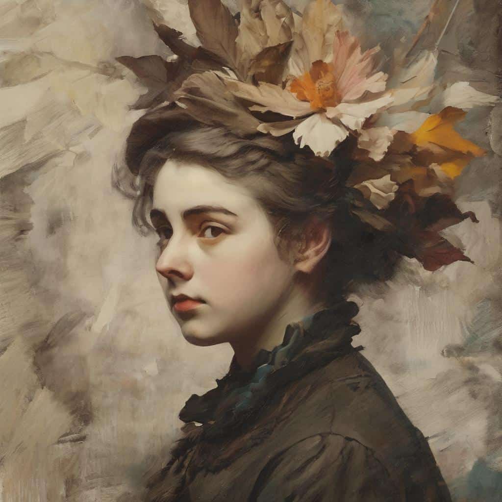 Ομορφη νεαρή γυναίκα με ανθισμένα φύλλα στο κεφάλι, οικολογική τέχνη και περιβάλλον σε πίνακα ζωγραφικής.